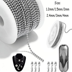 2/5/10m Metal Bead Chain 1.2-4mm Ball Chain with 50/10pcs Matching Adjustable Pull Connector for Keychain Jewelry Making