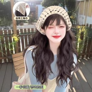 HUNIU Tổng hợp Tóc giả băng đô 2 trong 1 dành cho nữ Mềm mại Thực tế Tóc giả dài xoăn gợn sóng Phụ Kiện Tóc Tự nhiên Tóc giả băng đô dệt kim Dành cho các chuyến đi chơi hàng ngày