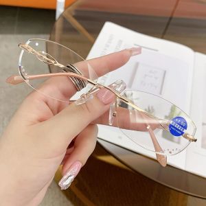 +100 to +400 Fashion Young Frameless Reading Glasses Women Anti Blue Light Diamond Presbyopic Glasses for Women