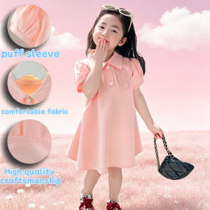 AILEBE 【Local Stock】 2026 New Kids Dress Summer Korean Style Fashion Bubble Sleeve Solid Color Princess Dress