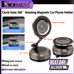 RICHMENT  Vacuum Suction Cup Magnetic Car Phone Holder with Clock Strong Magnet 360 Rotation Foldable Bracket for Smartphone