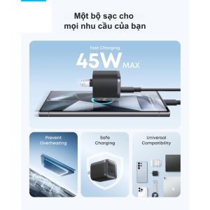 Củ Sạc Nhanh Anker A2692 45W GaN ActiveShield Ngăn Quá Nhiệt hỗ trợ PD/PPS Chân gập