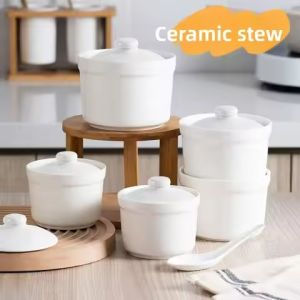 Pure White Ceramic Soup Pot for Kitchen Home Use Single Person Portion Swallows Nest Small Soup Pot with Lid Spoon