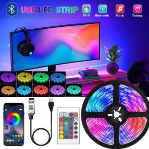 [SG Seller] SMD5050 RGB LED Strip Multicolor Light Bluetooth Flexible Neon Lights 5V USB Tape With Remote Control and Mobile App Control for Indoor Decoration Christmas New Year Decoration TV Backlight Room Ceiling Display Light & Multipurpose Decoration