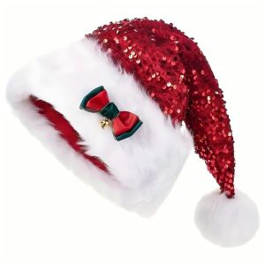 DIVATEN with Bow Bell Sequin Santa Hat White Trim Plush Plush Trim Xmas Hat Portable Sparkle Christmas Hat Adults and Kids