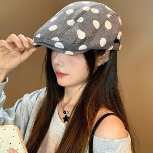 PLLEWY Korean Style Forward Hat Polka Dot Printing Big Head Short Brim Berets Casual Wide Brim Sun Hat Womens Spring Autumn