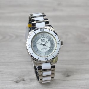 Jam tangan Wanita Q&Q F461-014 tali rantai bulat analog original