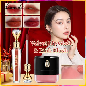 LAMEILA Capel Diamond Matte Velvet Lip Glaze+coral Red Blush Powder Long Lasting Not Easy To Stick Cup Lipstick Natural Finish Makeup Women
