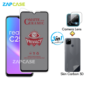 Paket 3in1 Anti Gores Layar Privasi Realme C25 C25s Free Tempered Glass Camera dan Skin Carbon