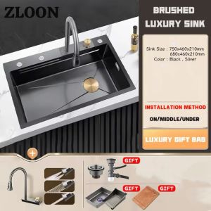 ZLOON nano-sink honeycomb technology workstation sink 304 stainless steel single-slot waterfall faucet kitchen sink antibacterial easy to clean and not easy to scratch sink 3mm load-bearing side 1.2mm thickened tank body