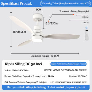 52 inch ceiling fan matte black ceiling fan light solid walnut 6 wind speed ceiling fan light low noise DC motor LED18W three color dimming dimmable
