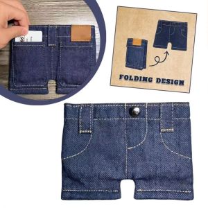 HP7HG Slim Mini Jeans Shaped Wallet Compact Size Retro Foldable Change Bag Creative Bifold Pocket Pants Card Holder Men