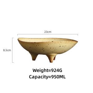 OMK Handmade vintage style rough pottery 9 inch three-legged salad bowl ceramic fruit plate 鼎