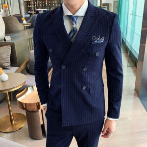 GUKENRO Male 3PCS Blazer High End Pinstripe Birthday Groom Wedding Office Business Corporate Smartly Suit Set For Men