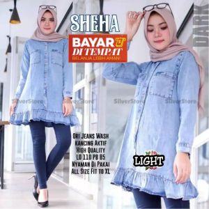 Sheza Atasan Wanita Blouse Lengan Panjang Jeans Cantik - Atasan Blouse Korea Wanita Busui Kekinian - Long Tunik Muslim Jeans - Baju Denim Wanita Terbaru