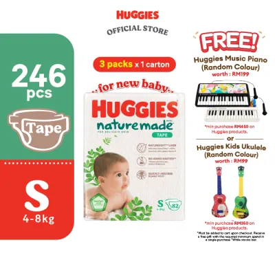 Huggies Naturemade Tape Diapers NB60/S82 (3 Packs) - No harmful chemicals super premium diapers for baby