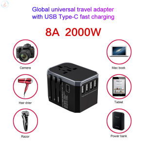 Global Universal Adapter Plug with 4 USB Plug Adaptor Travel Conversion Plug Global Universal Charging Power Adapter Type-C Fast Charging Plug International Worldwide Wall Power Travel Adaptor UK/USA/EU/AUS Worldwide Converter Plug Charger with USB