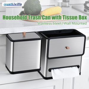 JustLiving Household Wall-Mounted Trash Can with Tissue Box and Inner Barrel Stainless Steel Kitchen Cabinets Punch-Free Trash Can with Lid Squeeze Semi-Automatic Open Lid Trash Bin