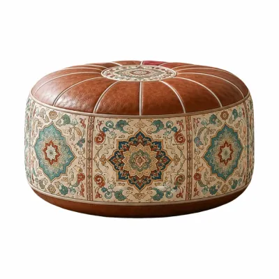 HABELYI T26 Có thể gấp lại Ghế bệt Ottoman Họa tiết Boho Da PU Ghế Ottoman có ngăn chứa đồ Hình tròn Vỏ bọc ghế để chân Kho lưu trữ đa năng