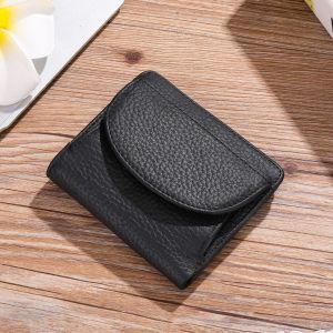Genuine Leather Japanese Style Womens Purse Short Bifold Leisure Small Wallet RFID Credit Card Holder Cowhide ins Mini Coin Ultra-thin Pouch Solid Color