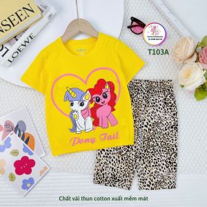 Đồ bộ cho bé gái 11 đến 40kg cộc tay quần ngố vải cotton xuất VNXK mềm mát mùa hè hình pony hình công chúa 068