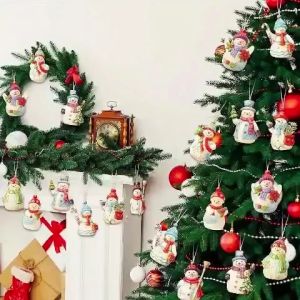 18pcs Wooden Snowman Christmas Tree Ornaments Set Hanging Wood Pendant Decor For Home Party