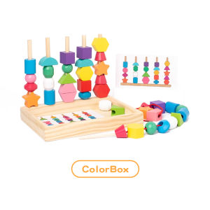 Mumystation Wooden Lacing and Sequencing Beads Set Montessori Toys Stacking and Colour Shape Sorting Cognition Blocks