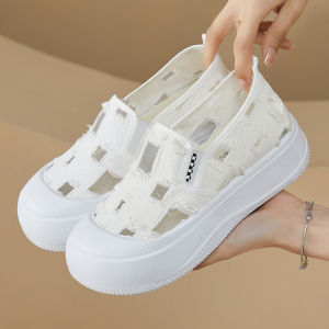 Free Shipping New Summer Collection: Breathable Versatile And Comfortable Thick-Soled Shoes For Students Featuring A Soft Distressed Design Casual Canvas Style And A Hollowed-Out White Shoe Design