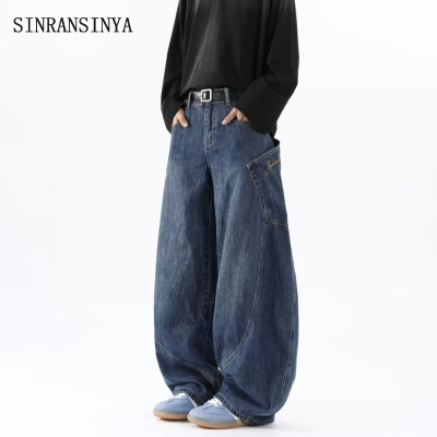 SINRANSINYA丨Men's jeans - Men's casual pants Vintage design scimitar jeans with large pockets Loose vintage wide-leg embroidered mop pants