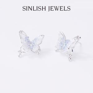 SINLISH Korean Trendy Gray Butterfly Earrings Gradient Crystal with Sparkling Zircon Elegant Gift for Women & Girls