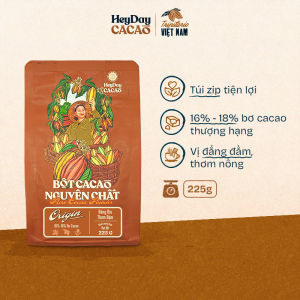 Bột cacao nguyên chất Việt Nam không đường Heyday - Túi zip 225g - Dòng Origin 16% - 18% bơ cacao tự nhiên - Vị socola nguyên bản