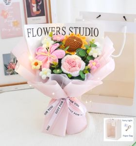 Crochet Flower Bouquet Handmade Knitted Flower Artificial Bouquet Carnation Galsang Rose Bouquet Mothers Day Birthday Graduation Celebration Bouquet