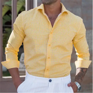 Fashion 2026 Mens Shirt Button Down Shirt Casual Shirt Yellow Long Sleeve Plaid Lapel Street Daily Clothes Casual Comfortable
