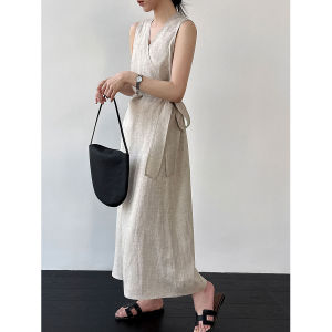2026 Summer French Cross V-neck Tie Waist Sleeveless Dress Elegant Tank Dress For Women