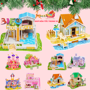 Bộ Xếp Hình 20-30 Mảnh Ghép nhà giấy 3D Hình Tháp Eiffel Xe Tăng Lâu đài Biệt thự Sân chơi trẻ em Sở thú