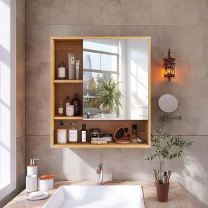 ตู้เก็บของในห้องน้ำ Bathroom Cabinet Medicine Cabinet with Mirror: Natural Bamboo Bathroom Vanity Mirror Cabinet Wall Mounted Cupboard with Storage Shelves for Bedroom Restroom
