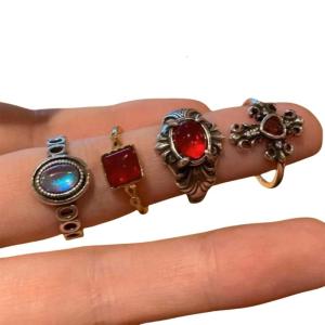 4pcs Vintage Gothic Red Crucifix Geometry Open Rings for Women Punk Style Grunge Accessories Unique Gift