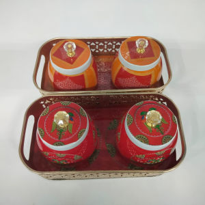 Pichwai Printed Decorative Metal Tray and Jar | Lightweight Festive Home & Pooja Décor | Budget & Return Gift | Pack of 1 Set (Size - 23x12 cm)
