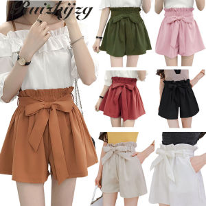 Ruizhijzg Women Casual Shorts Pants Bow Cotton Elastic High Waist Wide Leg Summer Loose Female Pant with Pocket Office Work Korean Style 2022 Plus Size Black White Red Green Pink Orange Plain Color Ready Stock Plus Size