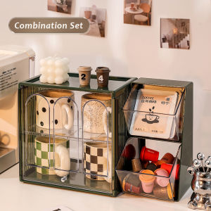 JustLiving 1PC 2Tier Compartment Breakroom Coffee Condiment Organizer Tea Condiment Organizer Cups Storage Box Kitchen Multifunction Cup Drainer Cup Holder Kitchen Shelf Cup Storage Box with Cover Dustproof Box