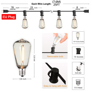 Shatterproof ST38 Led String Lights Outdoor Connectable Plastic Waterproof Decorative String Lights E12 Socket EU Plug LED Bulb Outdoor Garden Garland String Lights Party Decoration Garden Decor Home Lighting