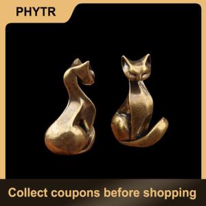 【PHYTR】 Brass Cat Figurine Vintage Brass Sculpture Desktop Craft Small Ornament Home office Cat Statue Home Decoration