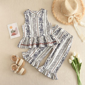 Bear Leader Korean Childrens Clothing 2023 Summer Baby Girls Clothes Suit Fashion Print Vest Pants Two-piece Childrens Seaside Holiday Suit Exotic