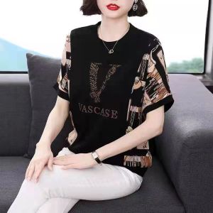 Free Shipping Temperament Elegant Korean Style Plus Size Stripe Short Sleeve Women T-shirt Loose Half Sleeve New Western style Blouse Female t shirt Raglan Sleeve Summer Casual Bottoming Shirts Summer