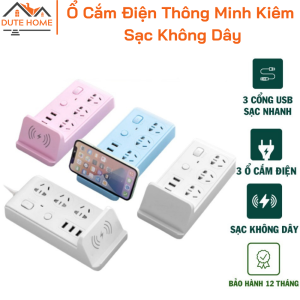 Ổ cắm điện thông minh đa năng hỗ trợ sạc không dây 3 cổng USB 3 ổ điện đa chuẩn phích cắm 2 công tắc chịu tải 2500W dây nối dài 1.8m