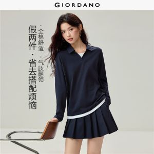 GIORDANO Women Polo Shirts Fake Two-Piece Contrast Polo Shirts Long Sleeve Fashionable Casual Cotton Polo Shirts 13316606