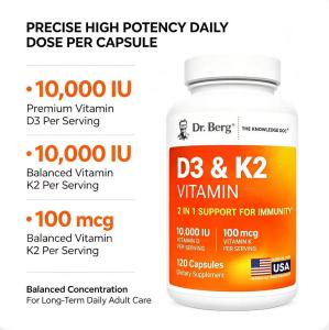 Dr. Berg D3 & K2 Vitamin Supplement High Potency 2-in-1 D3 & K2 1000IU D3 100mcg K2 Bone & Immune Daily Support 120 Capsules In Stock