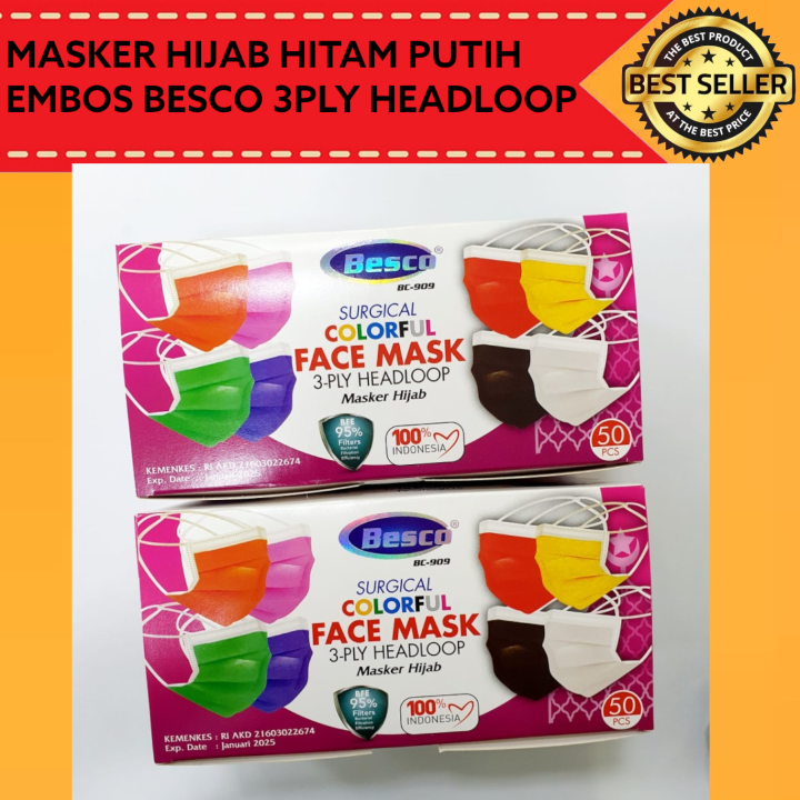 MASKER HIJAB HITAM PUTIH EMBOS BESCO 3PLY HEADLOOP 3 PLY ISI 50PCS 50 ...