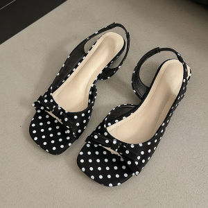 [Free Shipping] 2026 Summer Korean Style Bow Strap Sandals For Women Low Heel Polka Dot Open Toe Backless Fish Mouth High Heel Shoes