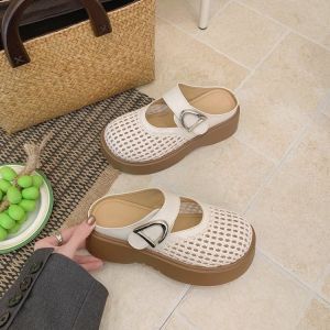Free Shipping Retro Thick-Soled WomenS Half-Slipper 2026 Spring New Style Outdoor Wear Hollowed-Out Non-Slip Closed-Toe Mesh Slippers